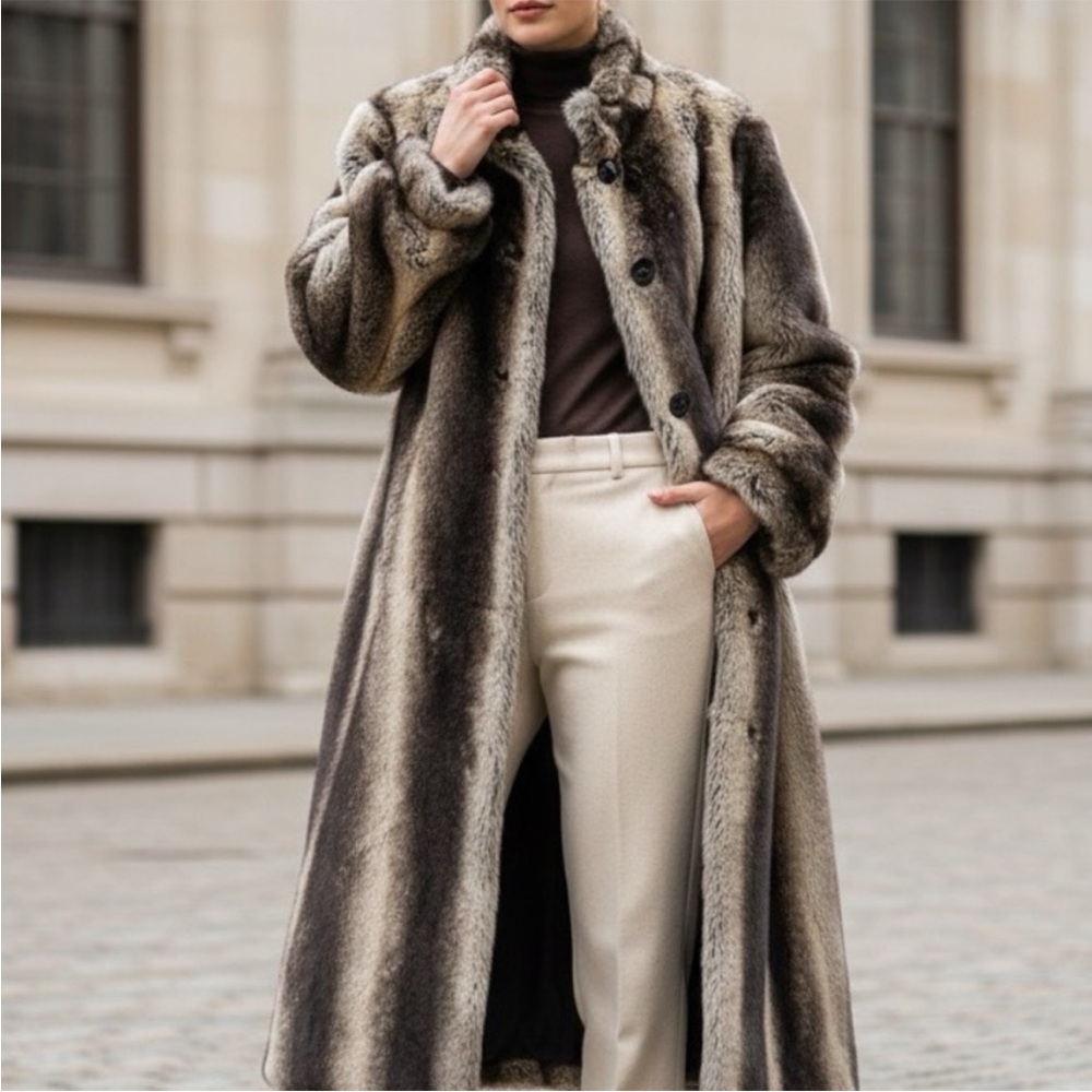Luxurious Faux Fur Pamala McCoy Coat in Brown and Cream